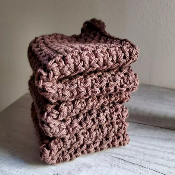 3 CROCHET DISHCLOTH WASHCLOTH 100% COTTON HANDMADE NEW DARK BROWN SET GIFT - Picture 1 of 5